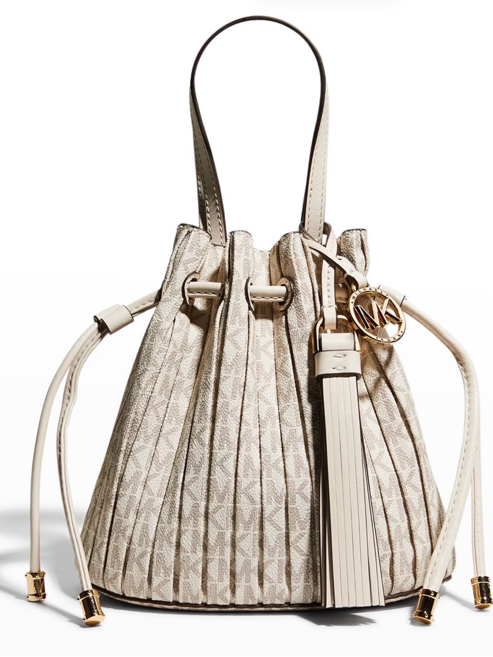 Like New Michael Kors Cream Monogram Pleated Drawstring Bucket Bag with Tassel